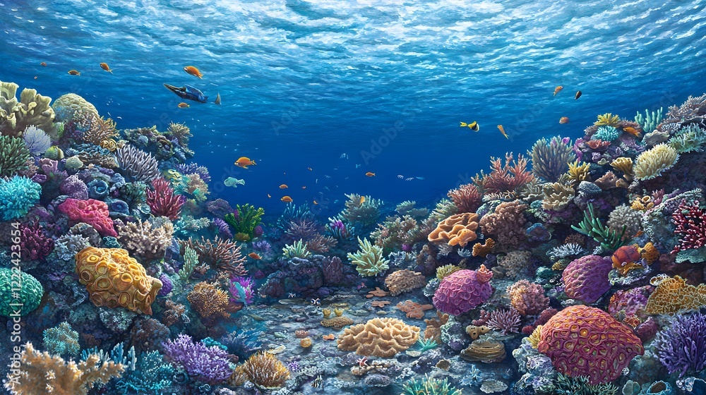 Obraz premium Vibrant Underwater Coral Reef Scene with Colorful Fish