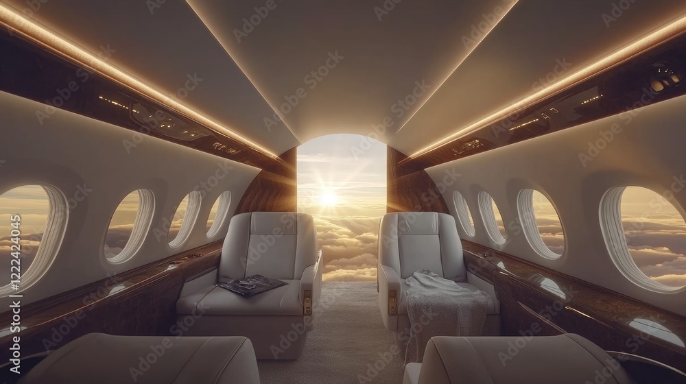 Obraz premium Luxury airplane seets with sun shining trough window