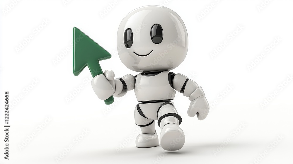 A friendly robot character holds a green upward arrow, depicting technology's positive role in human life, encouraging advancement, joy, and innovative thinking in the modern era. A friendly robot character holds a green upward arrow, depicting technology's positive role in human life, encouraging advancement, joy, and innovative thinking in the modern era.