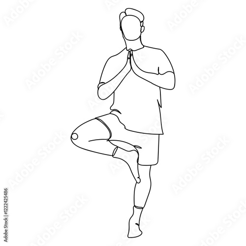 Dessin en ligne continu d'un homme pratiquant le yoga, line art, taïchi, vecteur