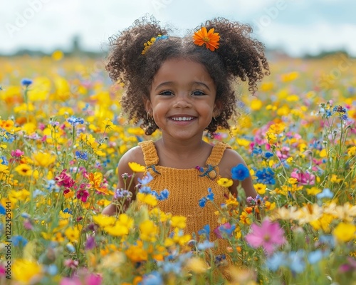 Joyful Child s Leap in Vibrant Floral Field Radiates Carefree Happiness photo