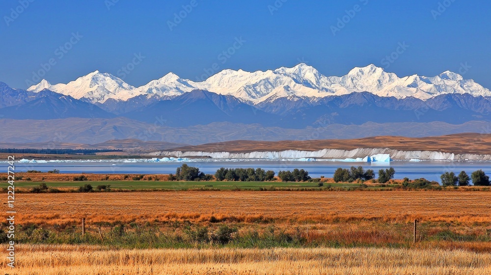 Mountain range view, lake, field, ice floes, autumn, travel postcard Mountain range view, lake, field, ice floes, autumn, travel postcard