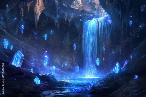 bioluminescent crystal cavern with cascading waterfalls, ethereal blue light, floating crystal shards, mystical underground landscape