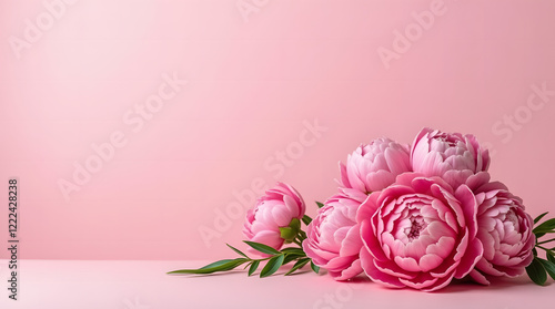Luxurious pink peonies on a soft pink background.