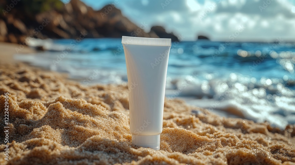 white clean tube of cream in the sand, on sea background, mock up, mockup, for design white clean tube of cream in the sand, on sea background, mock up, mockup, for design