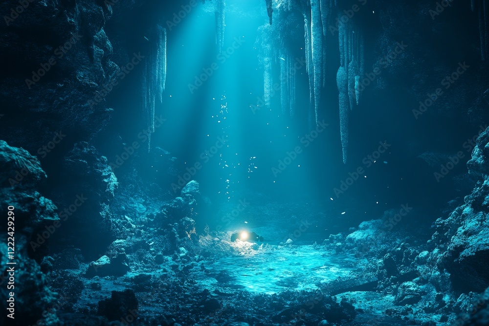 Fototapeta premium Underwater cave, light beam, treasure