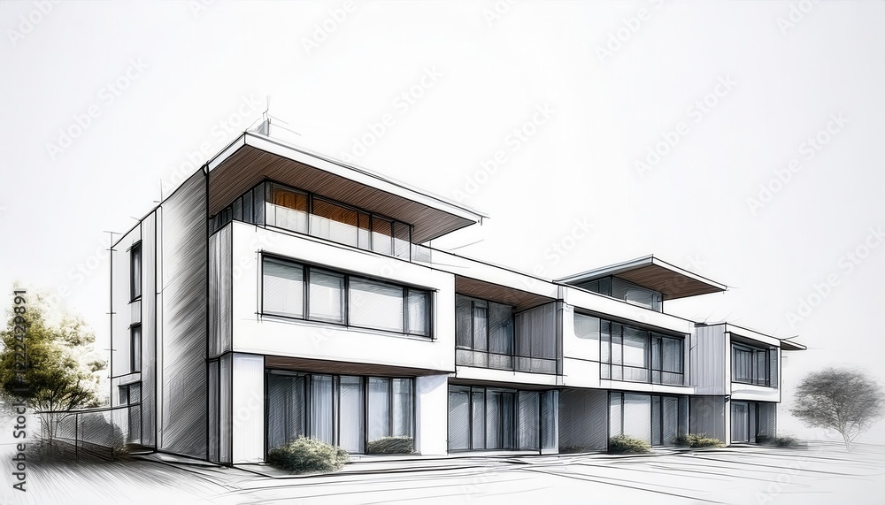Modern residential building design showcasing a blend of photorealism and hand-drawn sketch style in an urban setting Modern residential building design showcasing a blend of photorealism and hand-drawn sketch style in an urban setting