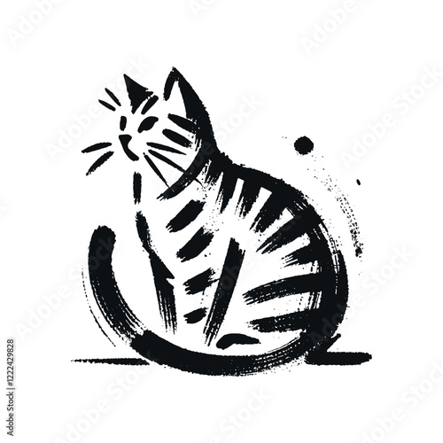 Minimalist hand-drawn black-and-white tabby cat illustration in brushstroke style