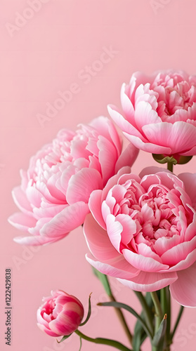 Luxurious pink peonies on a soft pink background.
