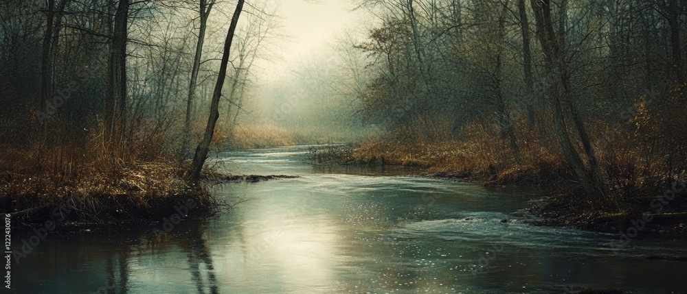 Obraz premium A mysterious river winds through a misty forest, its waters reflecting a dreamy glow amid the cloudy autumn twilight.