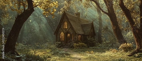 A whimsical cottage with stained glass windows is nestled in a magical, sun-dappled forest clearing. photo