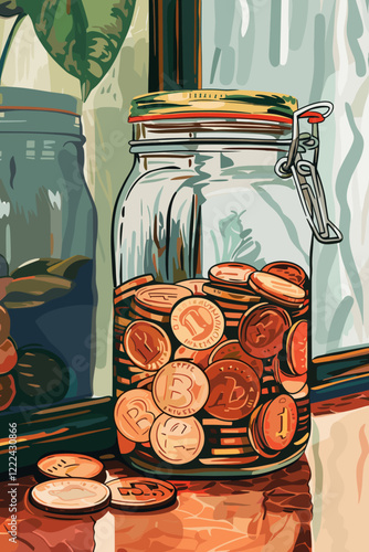 Gratuity Jar with Coins in Cafe Mirror Reflection, Highlighting Generosity and Appreciation in Service Industry