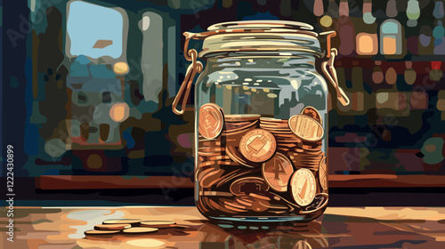 Gratuity Jar with Coins in Cafe Mirror Reflection, Highlighting Generosity and Appreciation in Service Industry