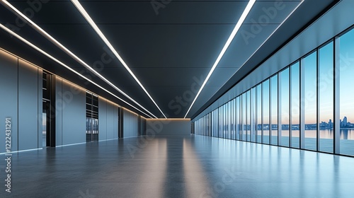 Expansive Hallway with Large Windows Offering Breathtaking Urban Views Bathed in Natural Light Creating a Bright and Inviting Atmosphere Ideal for Modern Architecture and Interior Design