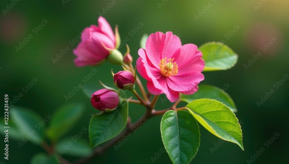 Pink wild rose branch with green leaves and stem, pink wild rose, green leaves, flowering branch Pink wild rose branch with green leaves and stem, pink wild rose, green leaves, flowering branch