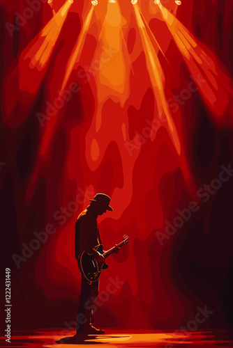 Guitarist Playing on Stage Under Spotlight with Blurred Background for Dramatic Effect