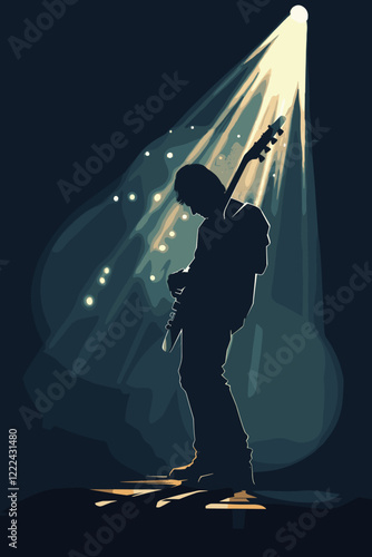 Guitarist Playing on Stage Under Spotlight with Blurred Background for Dramatic Effect