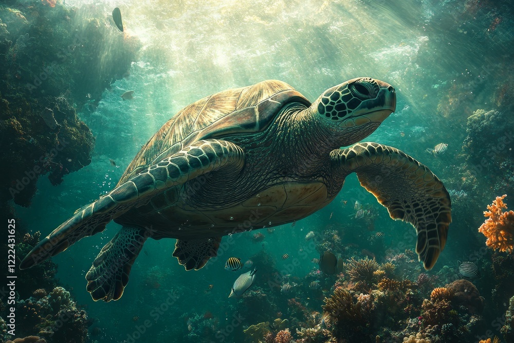 Obraz premium Sea turtle swimming coral reef sunlight ocean wildlife (1)
