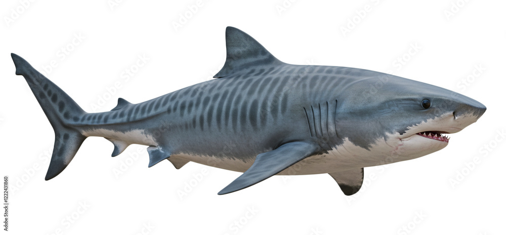 A 3D-rendered tiger shark gliding gracefully, showcasing its striped pattern and sleek form on a pristine white backdrop A 3D-rendered tiger shark gliding gracefully, showcasing its striped pattern and sleek form on a pristine white backdrop