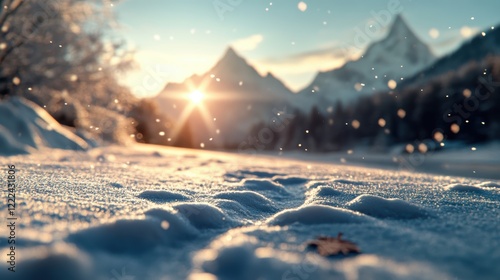 Winter sunrise over snow-covered mountains scenic landscape photography tranquil nature environment wide angle view outdoor serenity photo