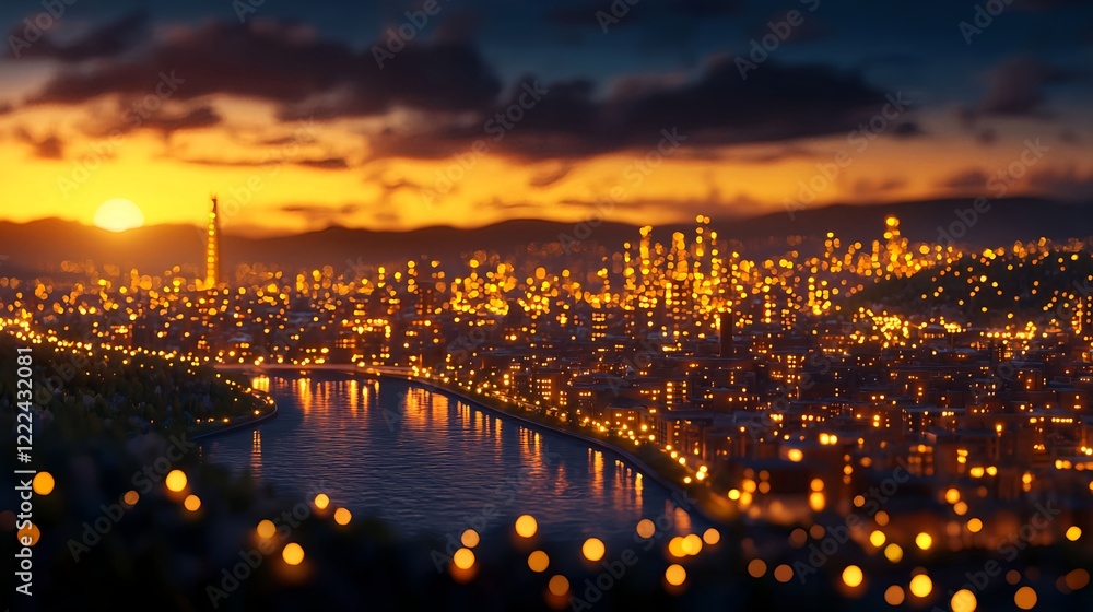 Fototapeta premium Stunning Sunset View of City Skyline with Glowing City Lights