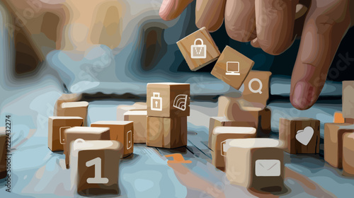 Hand arranging wooden blocks with digital marketing icons, symbolizing network connection and strategy, white background