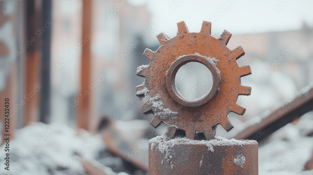 Rusty Cogwheel in Winter: A weathered, rusty cogwheel sits atop a snow-covered post amidst a blurred backdrop of a decaying industrial landscape. Rusty Cogwheel in Winter: A weathered, rusty cogwheel sits atop a snow-covered post amidst a blurred backdrop of a decaying industrial landscape.
