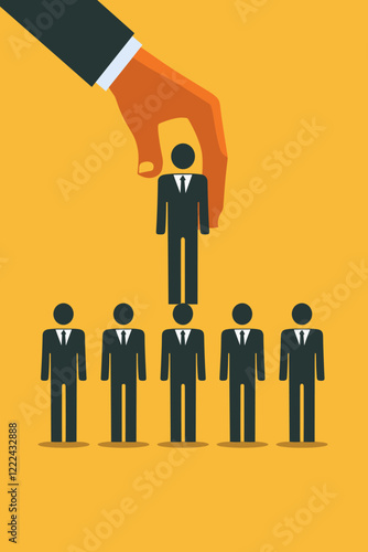 Hand selecting businessman icon for leadership and marketing strategy, recruitment concept, digital network, human resources