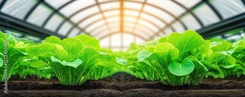 Green technology concept. Vibrant green lettuce growing in a well-lit greenhouse with sunlight streaming in. photo