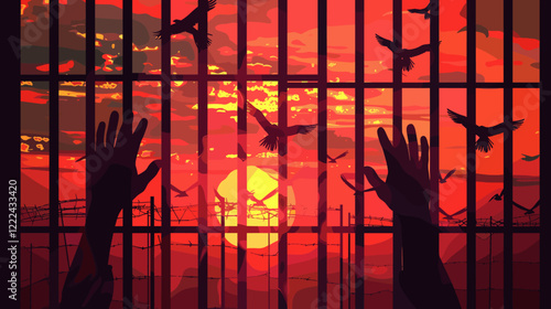 Hands Grasping Prison Bars with Birds Soaring in Sunset Sky, Contrasting Confinement and Freedom