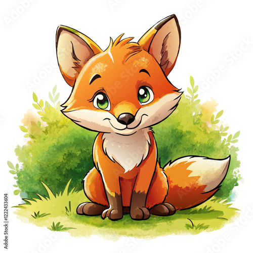 Vector illustration of a baby fox on the grass on white background - Generative AI
