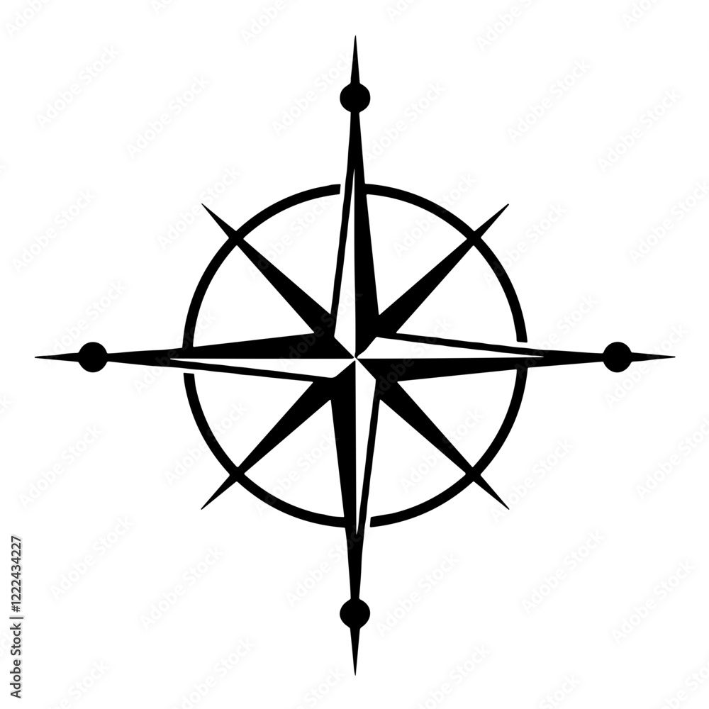 Minimalist compass rose icon in black and white style. Minimalist compass rose icon in black and white style.
