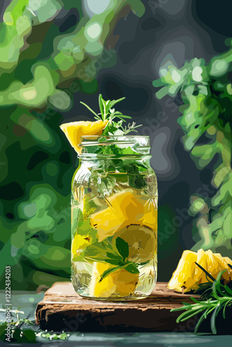 Healthy and vibrant pineapple detox water with fresh herbs in a mason jar on a rustic wooden table