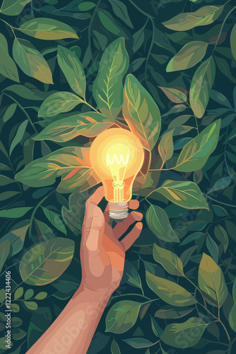 Human Hand Holding Glowing Light Bulb with Green Leaves Background