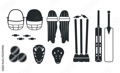 Cricket Bat ball pads all instruments vector clip art Isolated bundle, Hand drawn cricket Gloves, Helmet with stump Silhouette Set.