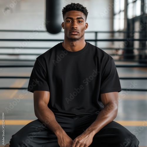 Men's black t-shirt mockup. Handsome Afro American man sitting in gym near boxing ring. Boxer or coach resting. Casual short sleeve shirt, blank template. Sports crewneck oversized tee mock up