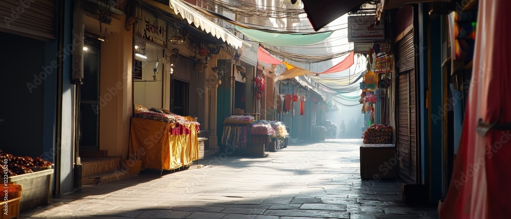 Obraz premium Rustic alleyway in vibrant market, bustling with life yet quietly enchanting, draped in colorful fabrics and glowing in warm light.