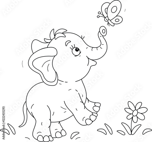 Cute baby elephant merrily playing with a cheerful butterfly on a summer lawn