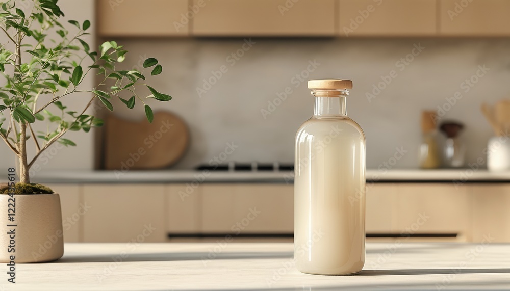 Transparent bottle mockup with minimalist kitchen setting and copy space Transparent bottle mockup with minimalist kitchen setting and copy space