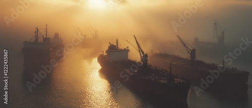 Ships rest in a misty harbor as the golden sun rises, painting the water with reflections and setting a tranquil maritime scene.