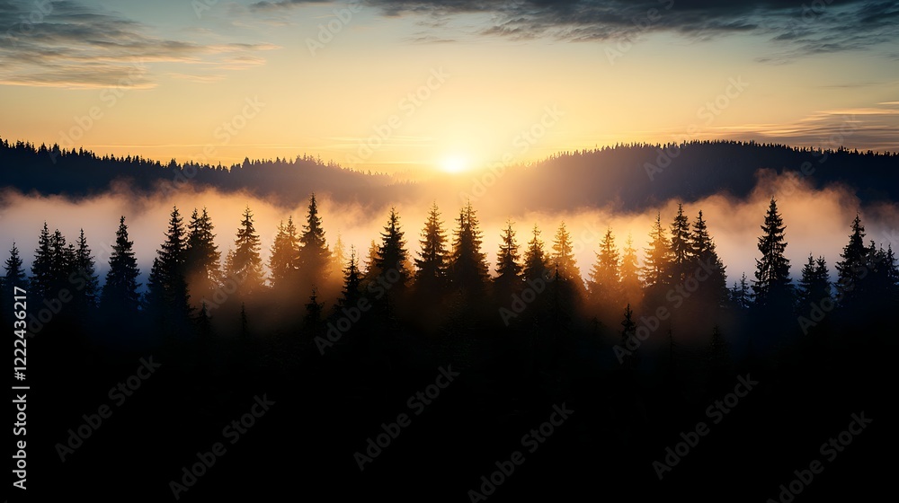 Obraz premium Misty Sunrise Over Evergreen Forest with Golden Horizon Glow