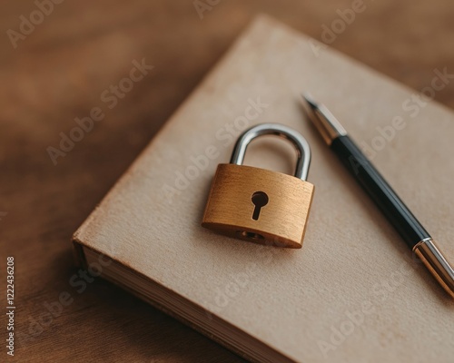 Golden Light Serenity Rustic Diary with Open Padlock and Pen - True Confessions Day and Spring Equinox Symbolism for Mental Wellness and Professional Journaling photo