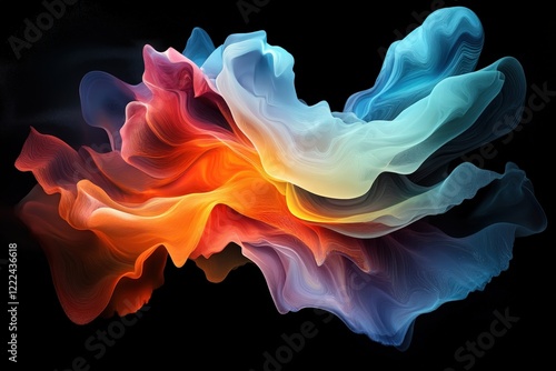 An elegant display of flowing colors in a vibrant abstract design, merging hues of orange, red, and blue, creating a sense of motion and fluidity against a black backdrop.