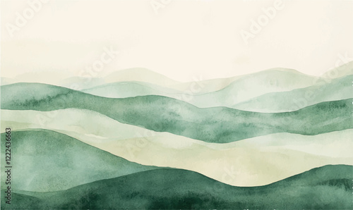 Warm green watercolor texture on paper. A minimalist series of wavy lines	