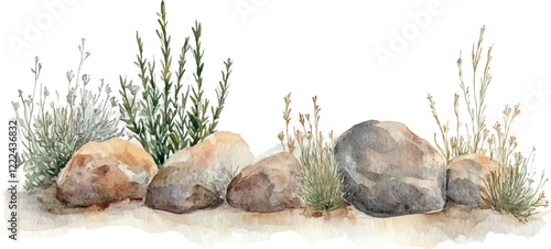 Watercolor simple border isolated on white, textured stone in the grass