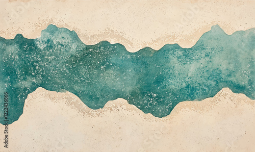 Background. Teal and sandy beige watercolor texture on paper. A simple curved line representing an island’s shore at the bottom