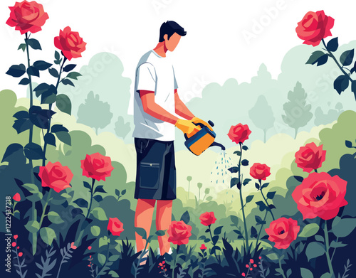 Gardener watering roses in beautiful garden during summer day