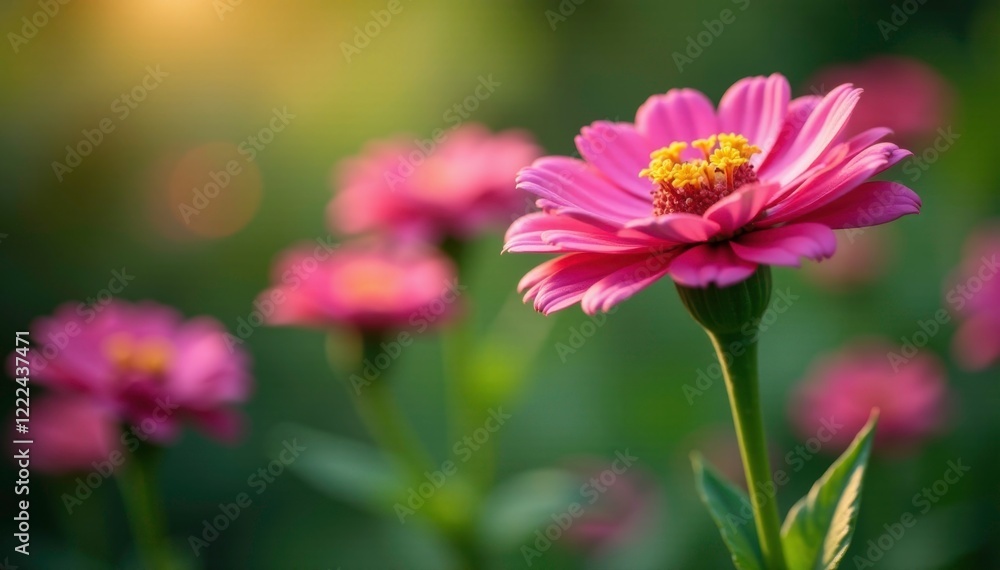 Pink zinnia stems swaying gently in the breeze, leaves, bloom, pink Pink zinnia stems swaying gently in the breeze, leaves, bloom, pink