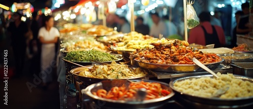 A vibrant night market bustles with colorful food stalls, offering a bounty of sizzling and fresh delights under glowing lanterns. photo