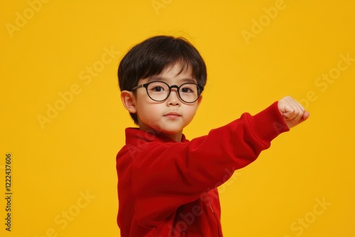 A brave young child confidently raises his fist against a vivid yellow background, embodying determination and a sense of empowerment, ready to take on challenges. photo